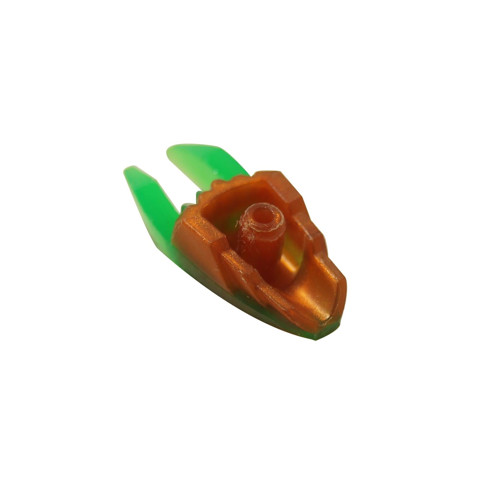 Ninjago time blade weapon in reddish copper with translucent green claw details, curved bladed accessory piece, bottom view.