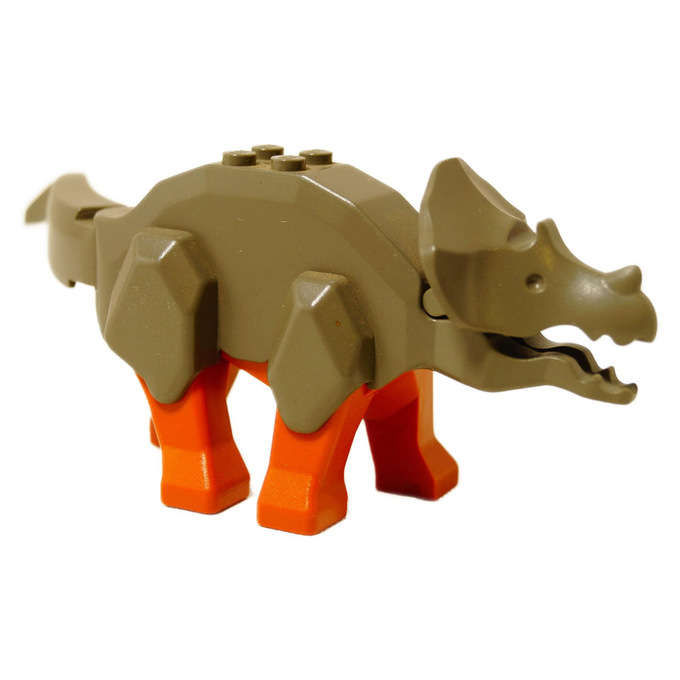 LEGO Toy triceratops dinosaur model made from interlocking bricks on a white background