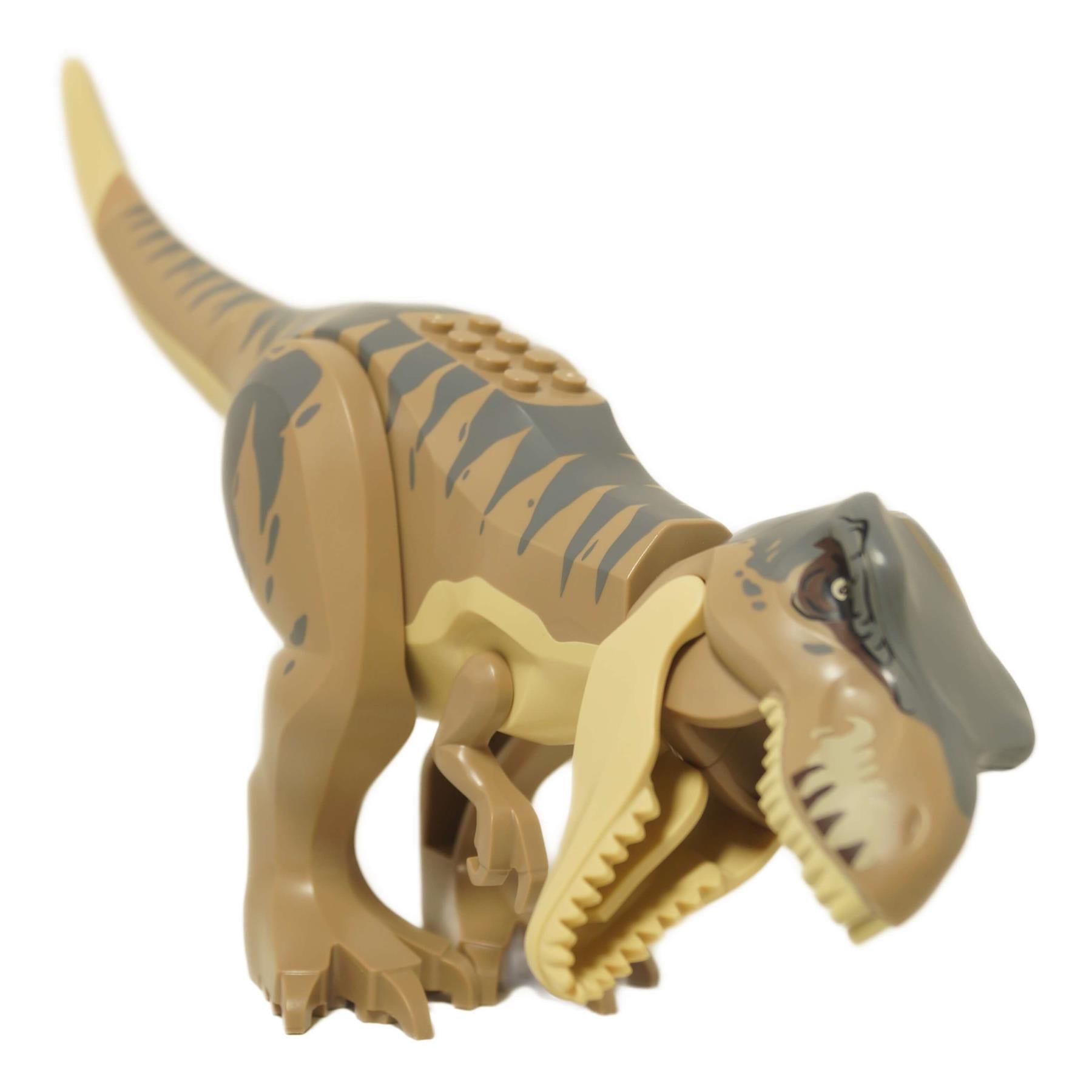 LEGO® T. rex Dinosaur (Trex12) – Tan with Dark Tan Back and Dark Bluish Gray Markings, Mouth Open Pose