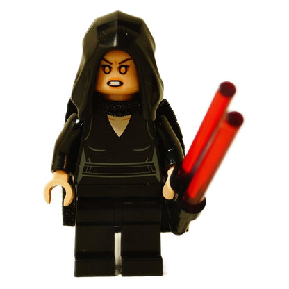 LEGO Darth Rey minifigure holding two red lightsabers, wearing black hood and cape – front view