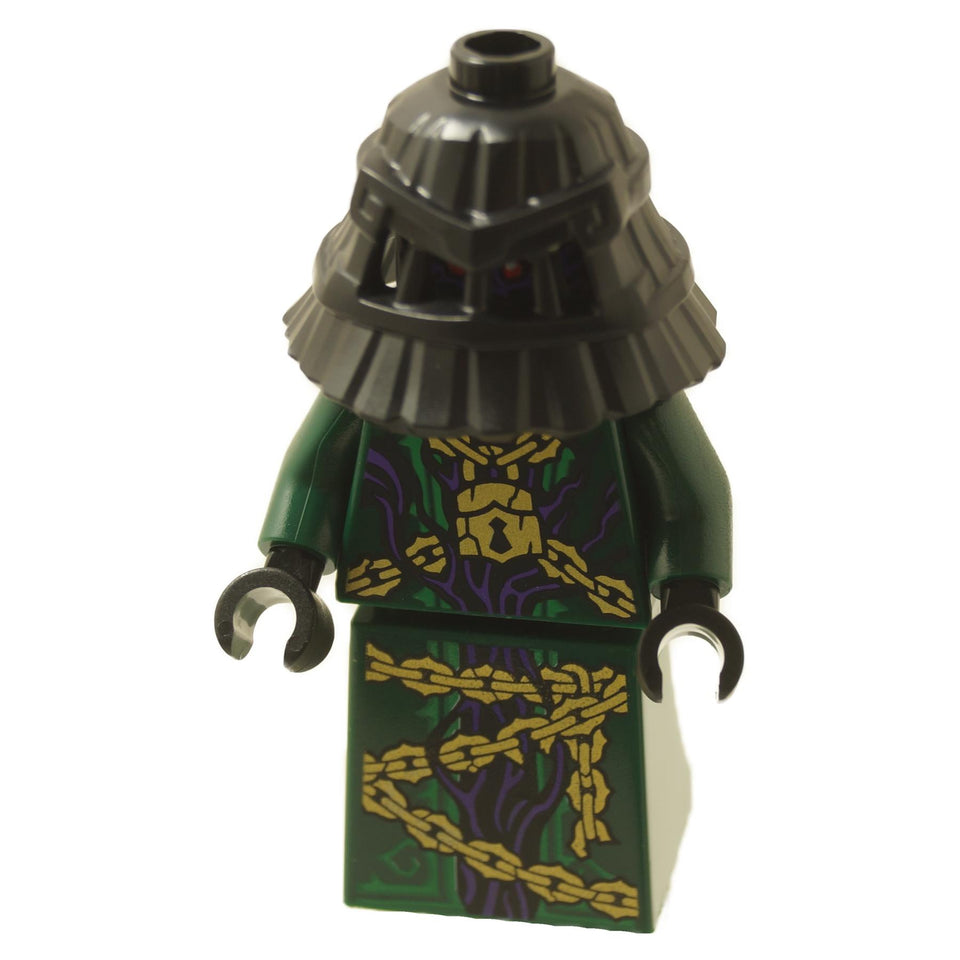 LEGO® Minifigura NINJAGO Zarkt con túnicas verde oscuro, impresión de cadena dorada y casco negro de doble capa.