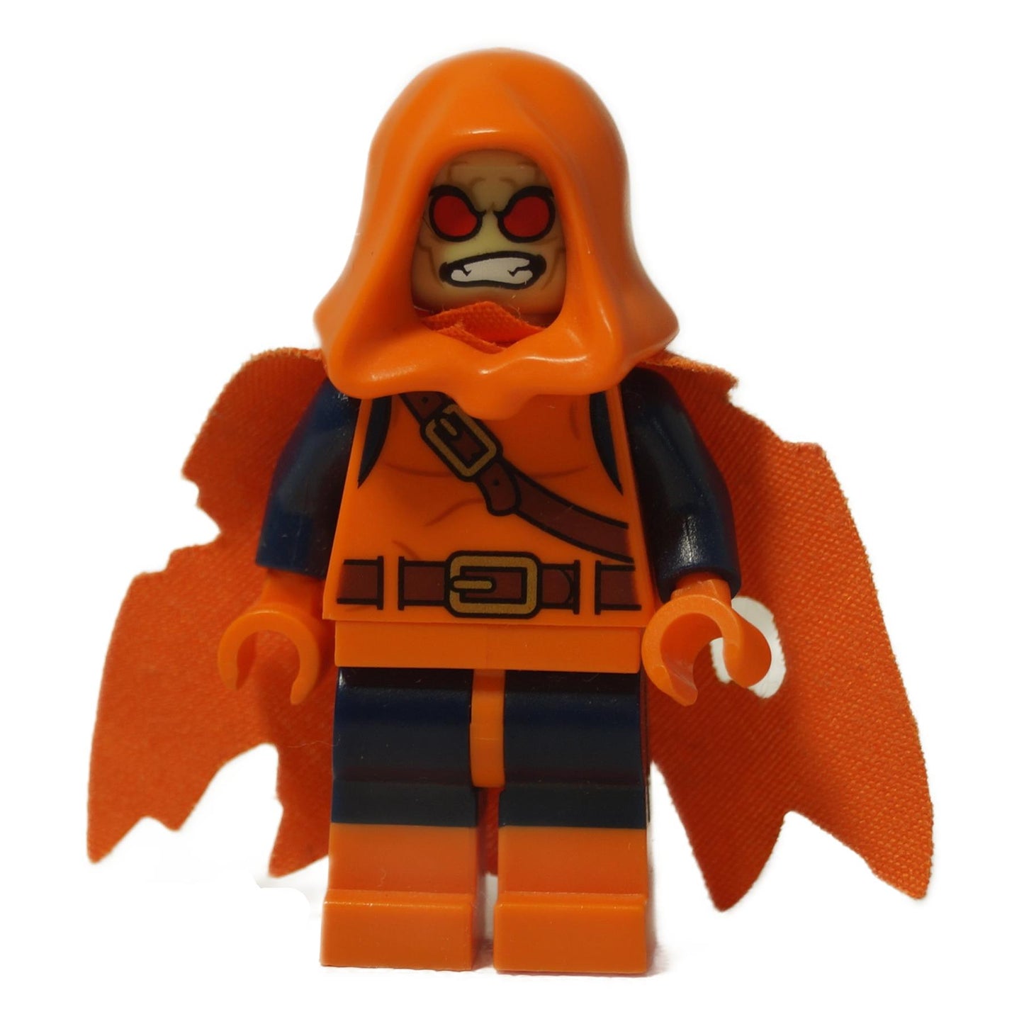LEGO® Marvel Super-Villain Hobgoblin minifigurka (sh0268) pohled zepředu s naštvaným obličejem, oranžovou kapucí a otrhaným pláštěm.