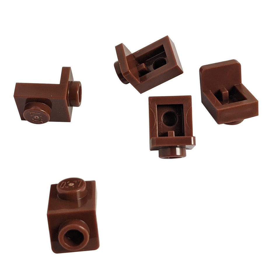 LEGO Bracket 1 x 1 - 1 x 1, brown, multiple views of studs and holes.