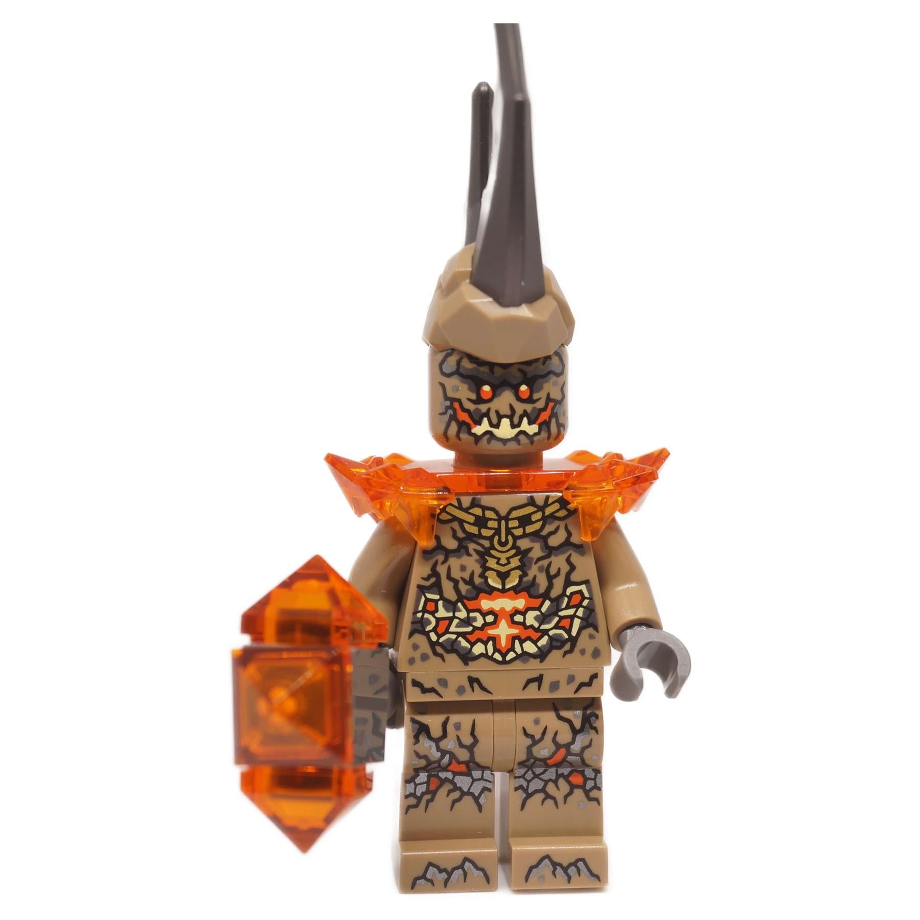 LEGO® NINJAGO® Earth Monster minifigure front view with large curved horns and orange crystal weapon Dragons Rising S4
