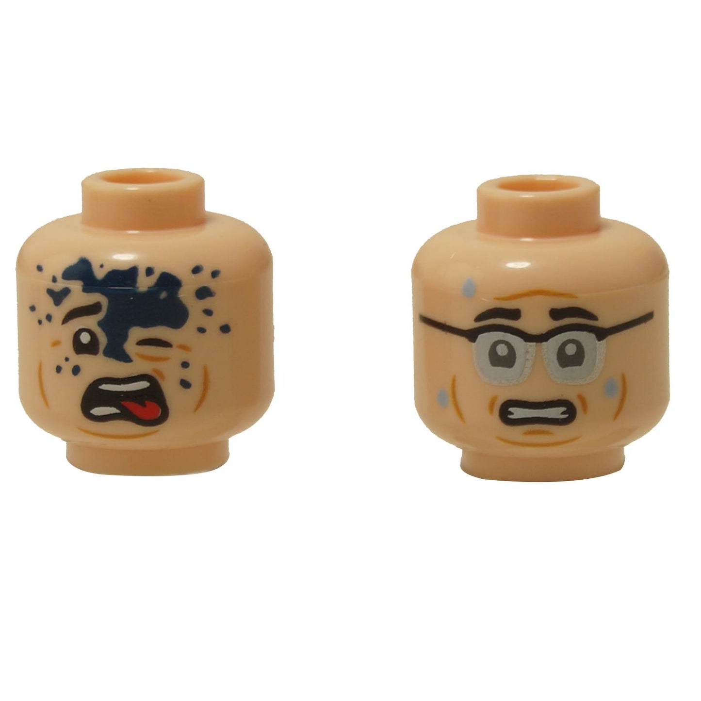 Front and alternate side views of the LEGO® minifigure head (3626pb3390) featuring two expressions — one splattered with ink and grimacing, and the other showing a nervous face with glasses and sweat drops on a light nougat head.
