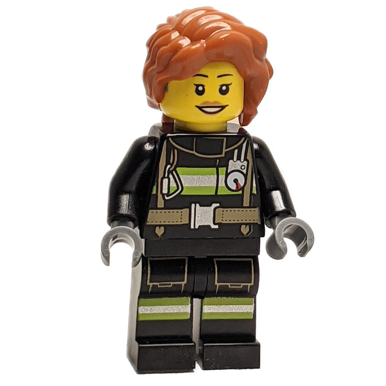 Female Firefighter with Black Jacket and Reflective Stripes