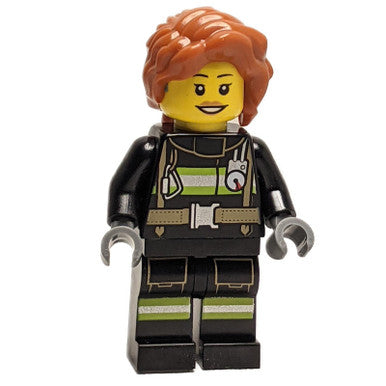 Female Firefighter with Black Jacket and Reflective Stripes