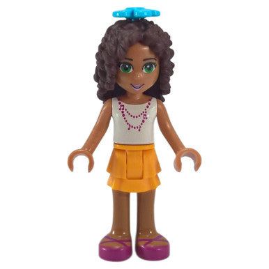LEGO Andrea minifigure, white top, orange skirt, blue flower, front view