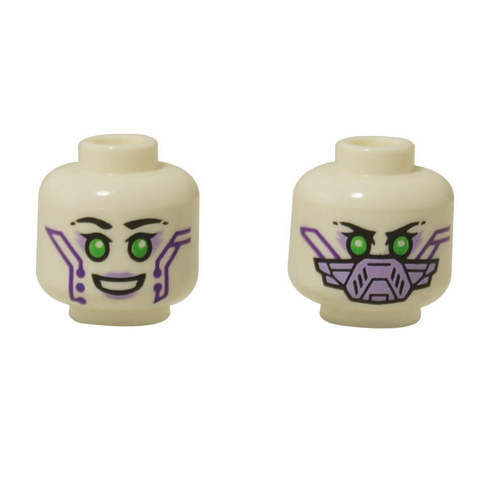 Testa di minifigura LEGO Alien Robot (3626pb3809) con due espressioni: sorridente con segni tecnologici viola e arrabbiata con una maschera visore viola.