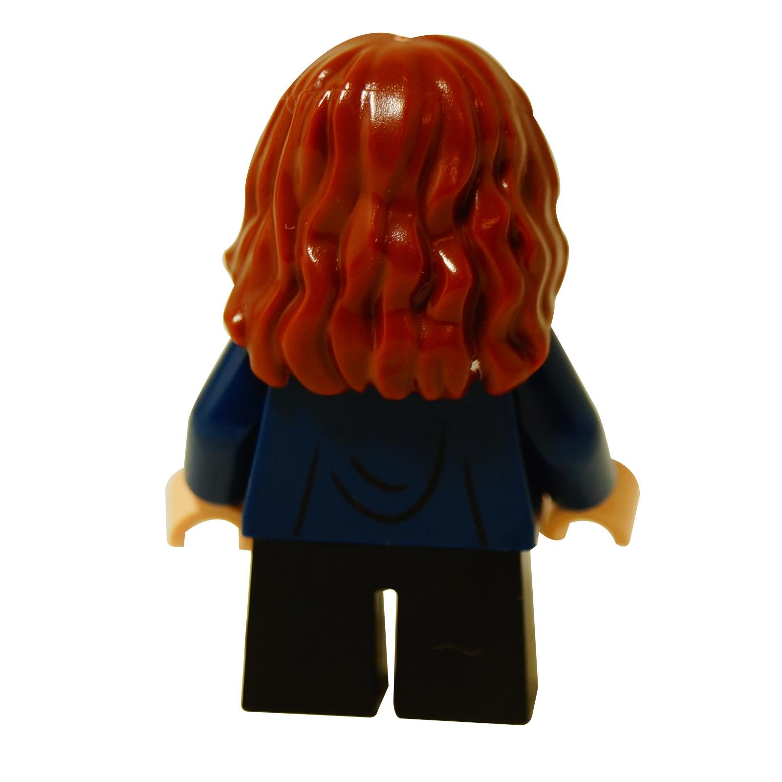 Back view of LEGO Hermione Granger minifigure showing the long wavy red hairpiece and plain dark blue jacket back.