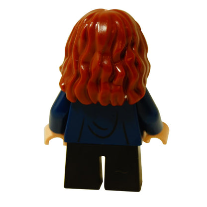 Back view of LEGO Hermione Granger minifigure showing the long wavy red hairpiece and plain dark blue jacket back.