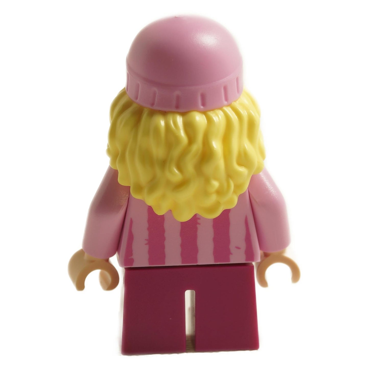 Back view of LEGO Edith minifigure mnn025 with blonde hair, pink hat and pink outfit