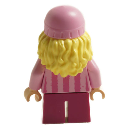 Back view of LEGO Edith minifigure mnn025 with blonde hair, pink hat and pink outfit