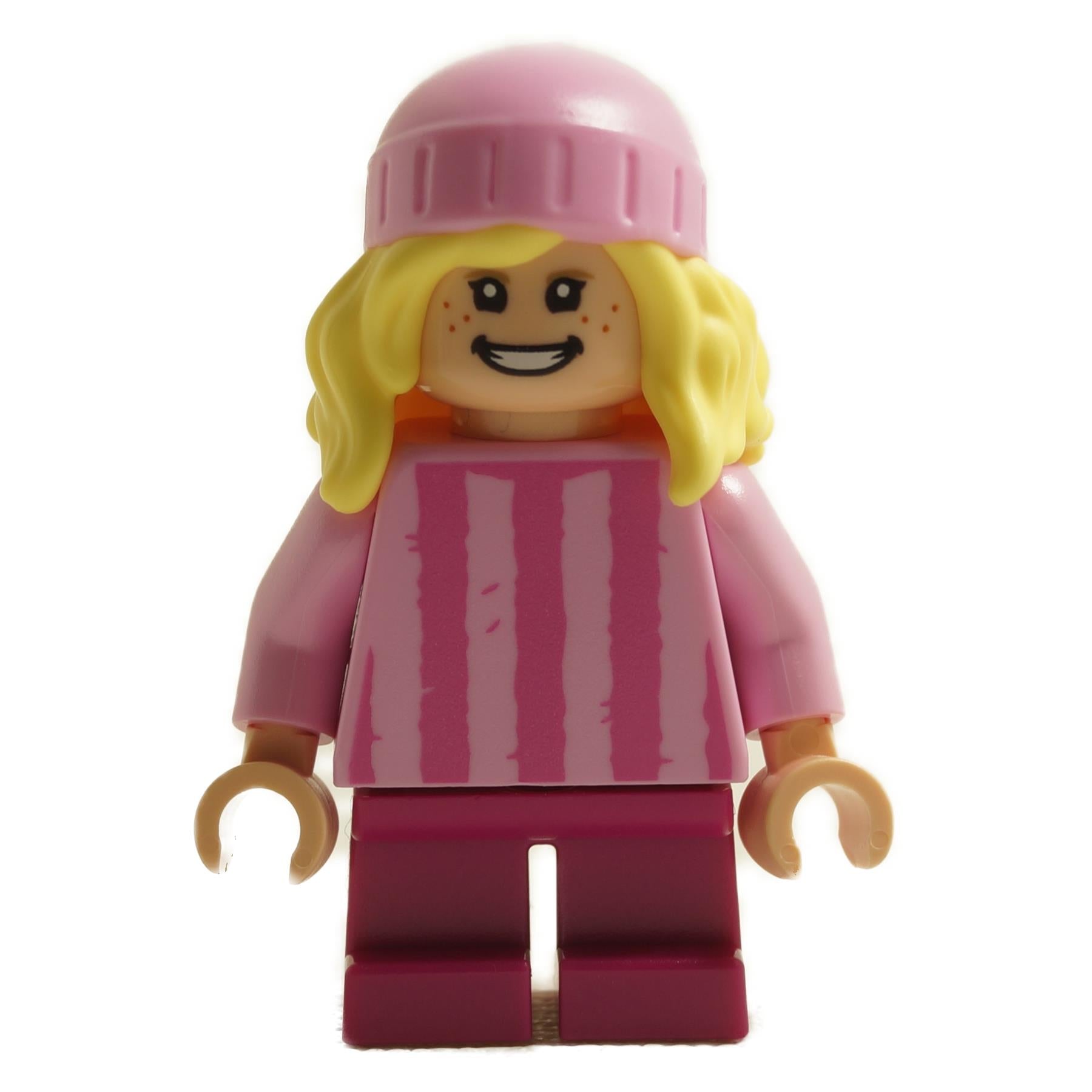 LEGO Edith minifigure mnn025 with smiling expression, blonde hair, pink hat and pink striped sweater