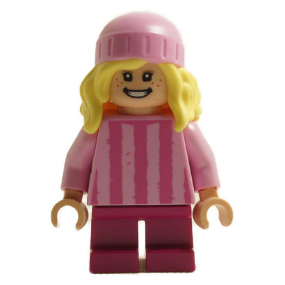 LEGO Edith minifigure mnn025 with smiling expression, blonde hair, pink hat and pink striped sweater