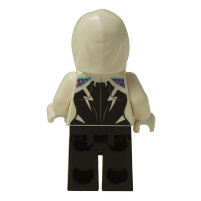Back view of LEGO Ghost-Spider minifigure showing black torso back printing with teal/magenta accents on shoulders.