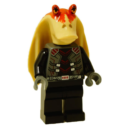 Vista frontale della LEGO® Minifigura di Star Wars Darth Jar Jar™ (sw1367) con dettagliata stampa di armatura scura con accenti rossi e maniche nere.