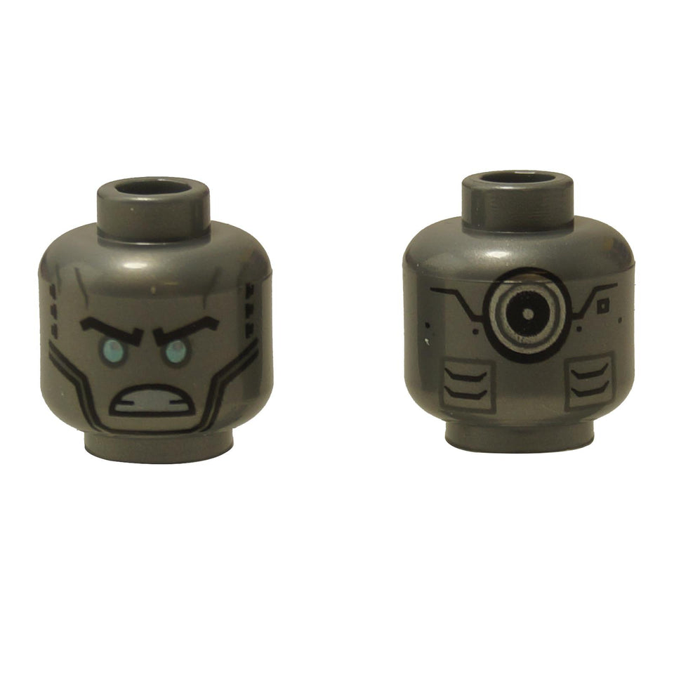 Minifigura, Robot Alien Capo con Nero Sopracciglia, Occhi Metallici Blu Chiaro, Linee sulle Guance, Denti Scoperti Arrabbiati, Ventilazioni e Motivo con Cerchio Argento sulla Schiena