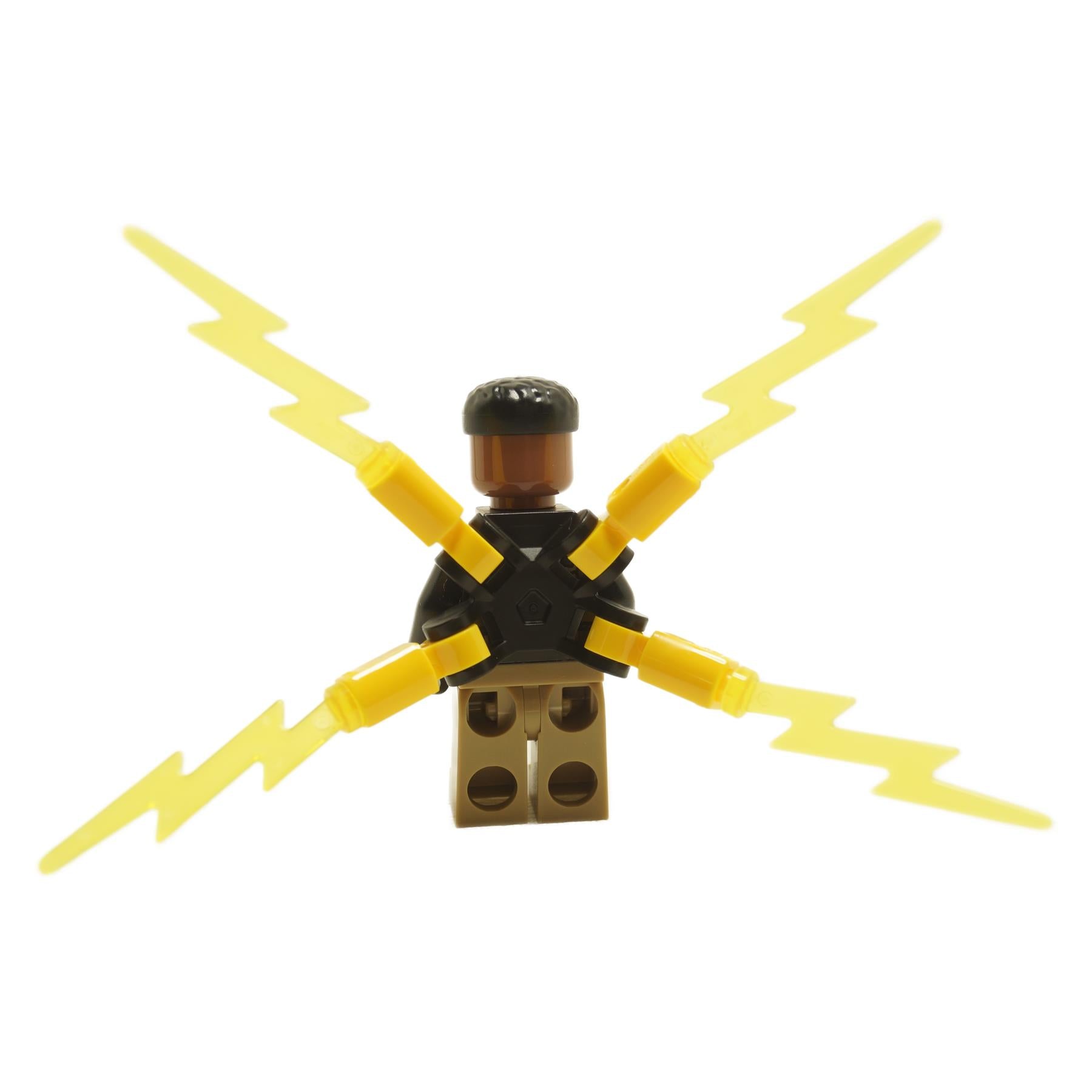 Back view of LEGO® Electro minifigure sh0945 with black and dark tan outfit and small electricity power wings from Marvel