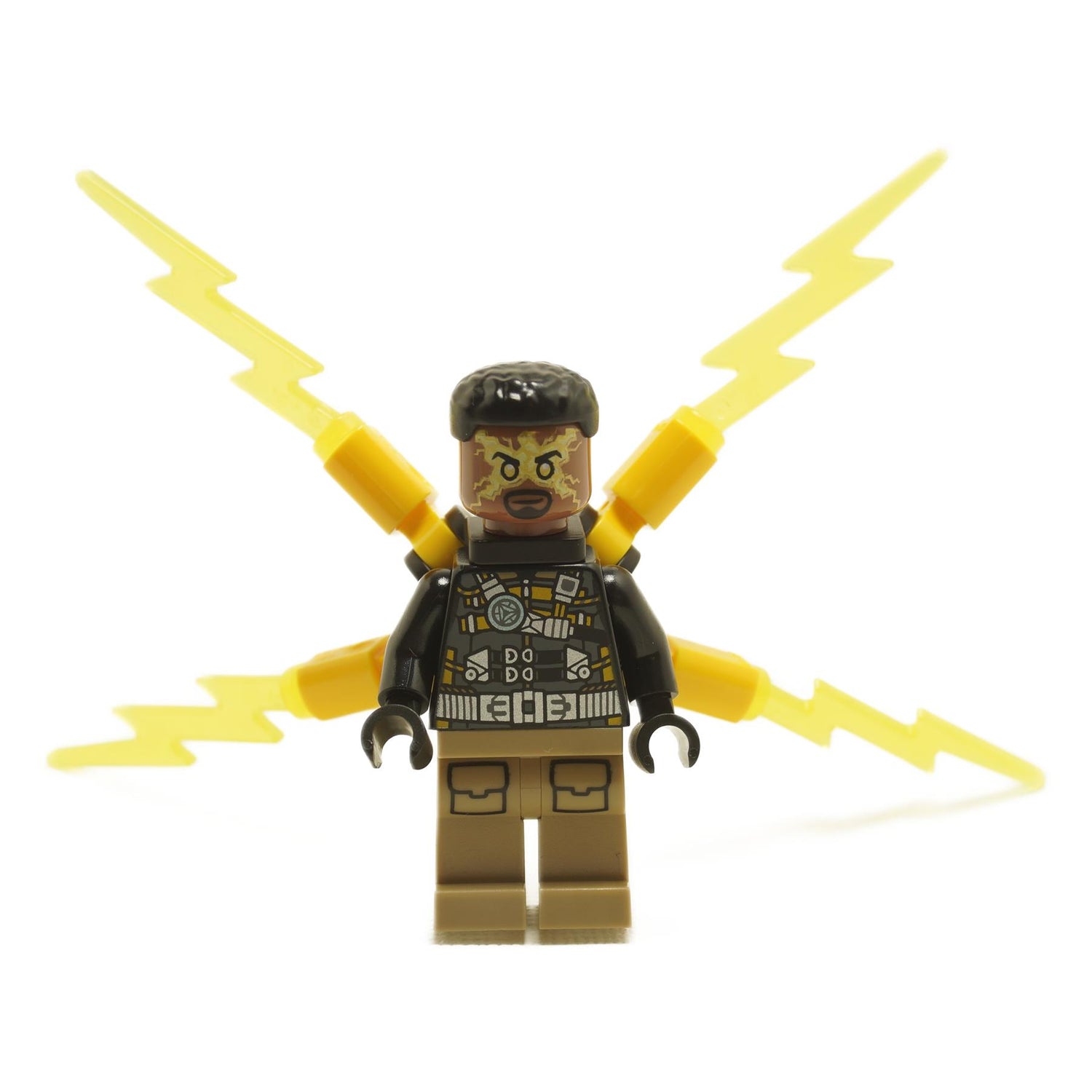 LEGO® Electro minifigure sh0945 with black and dark tan outfit, medium brown head and small electricity power wings from Marvel