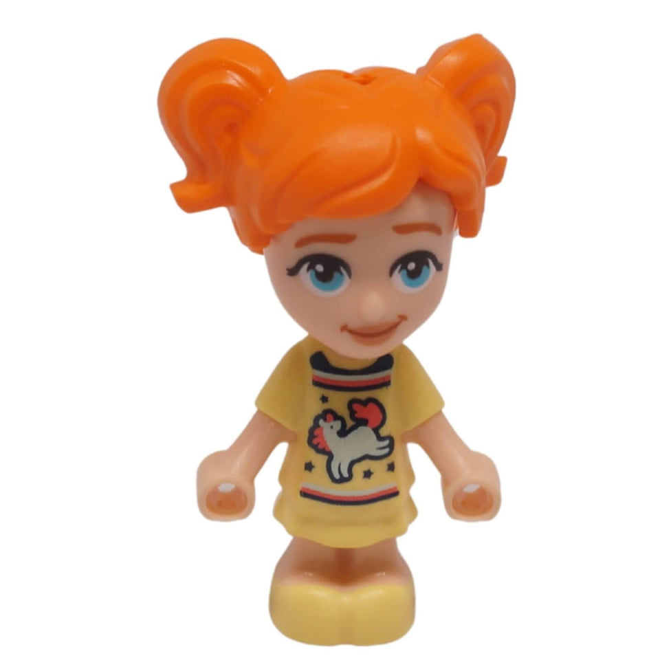 Ella micro doll front view with orange pigtails and bright yellow dress with horse unicorn print
