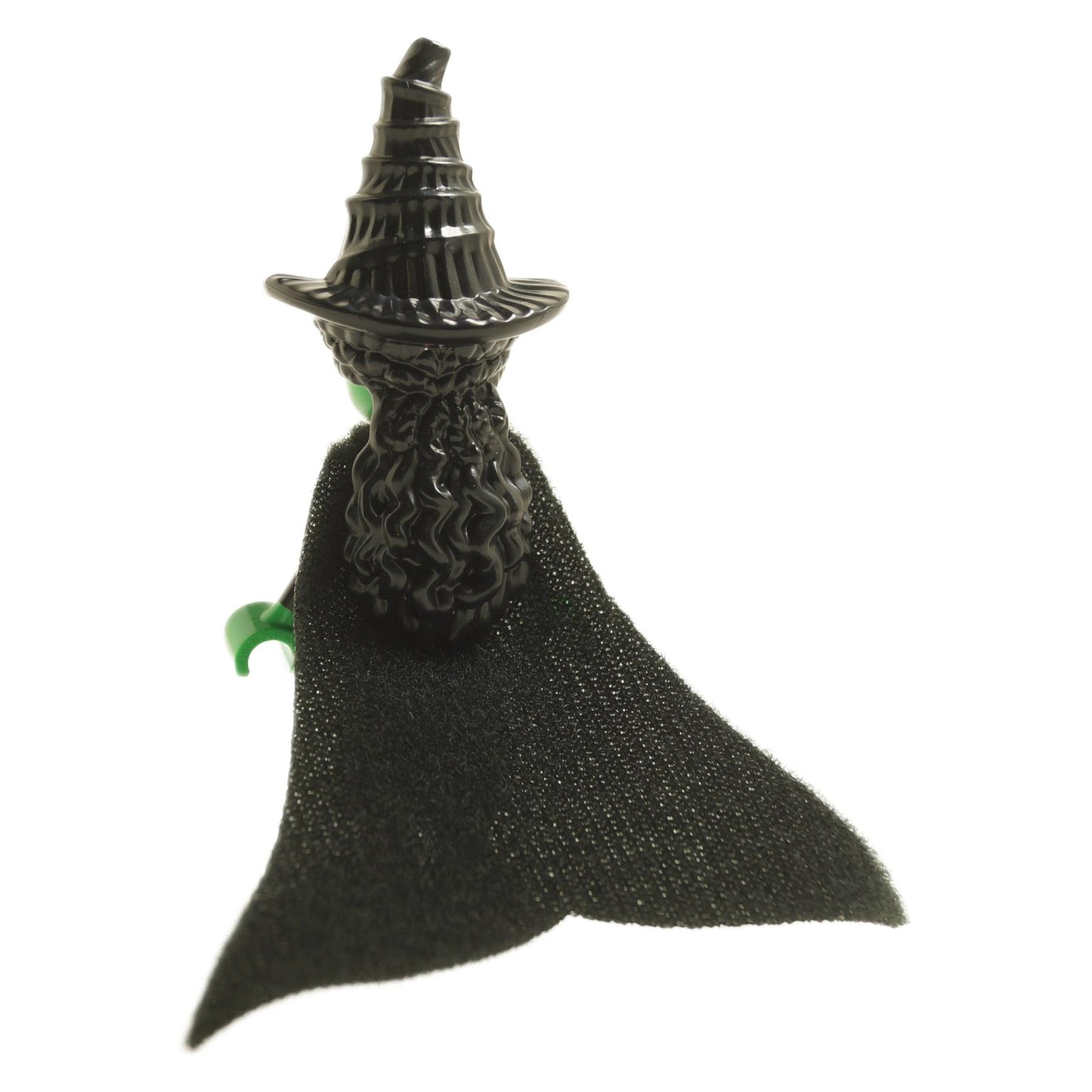 Back view of LEGO® Elphaba mini-doll wck008 with black cape and tall witch hat

