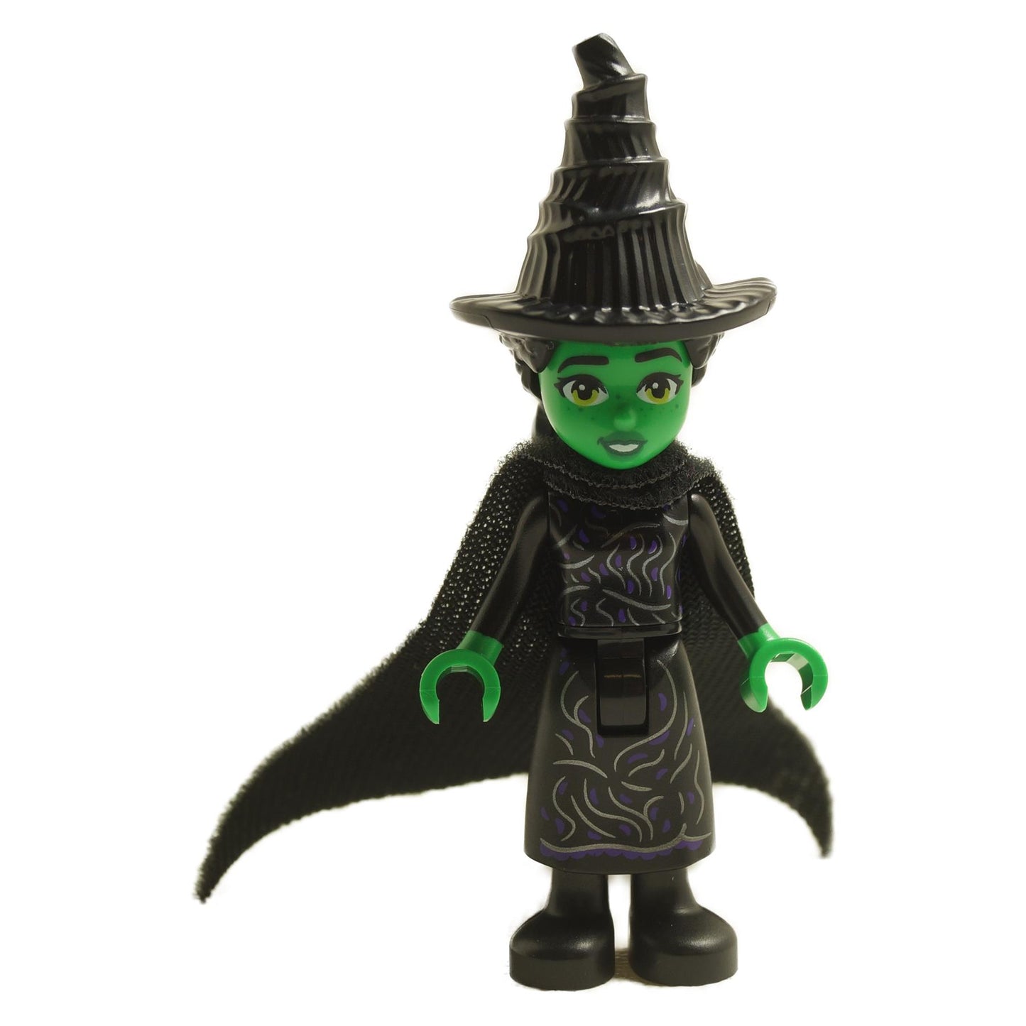 LEGO® Elphaba mini-doll wck008 with green skin, black dress, cape, and tall witch hat
