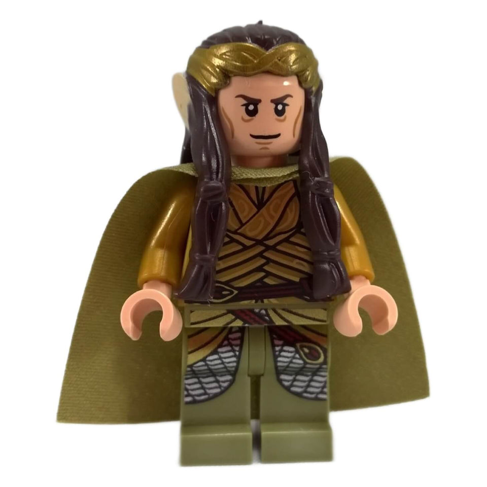 LEGO® Minifigure Elrond (lor105) wearing a golden crown, olive green cape, and intricately printed armor with dark brown hair.