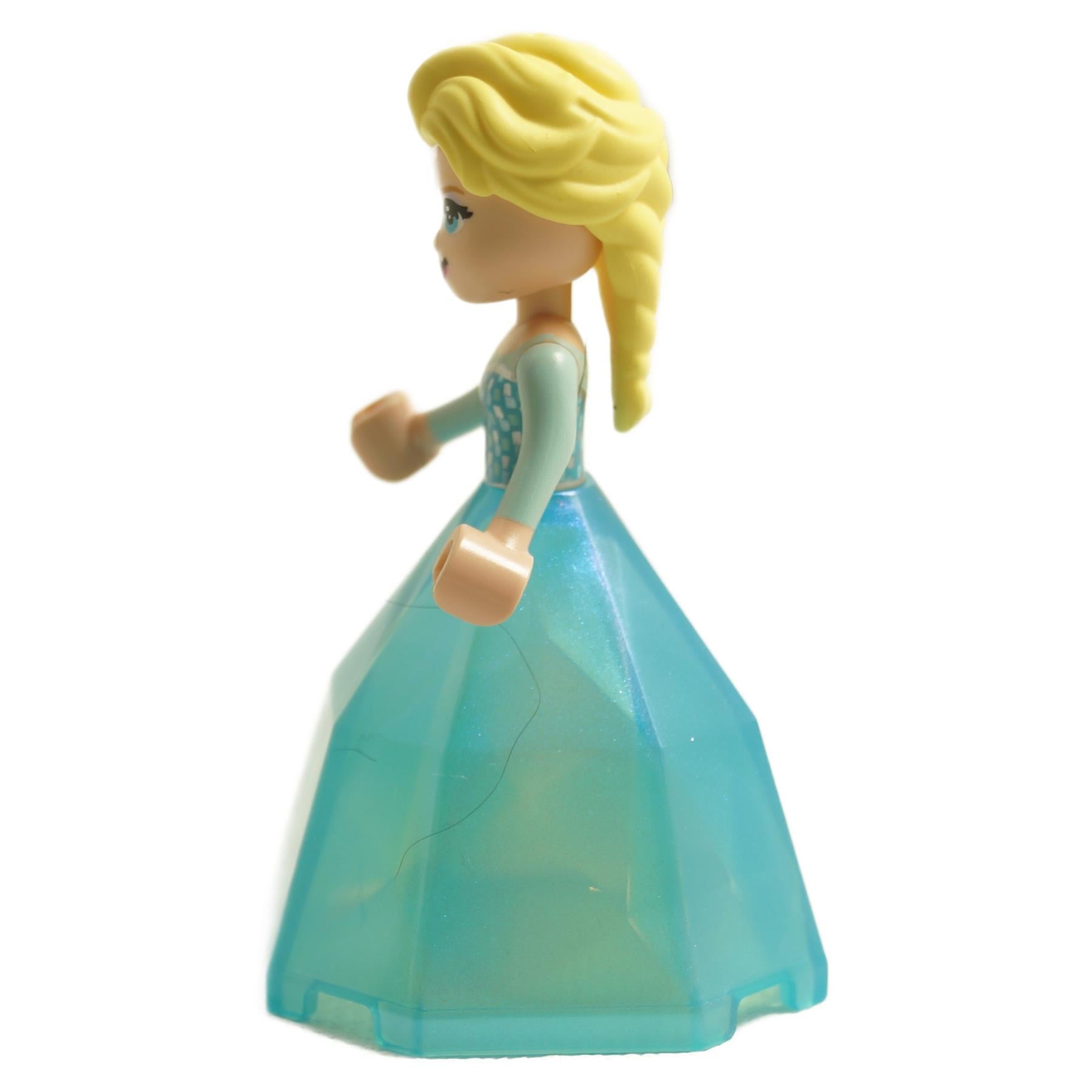 Side view of LEGO® Disney Elsa mini-doll dp143 with blonde braid and bright blue diamond-style dress container bottom
