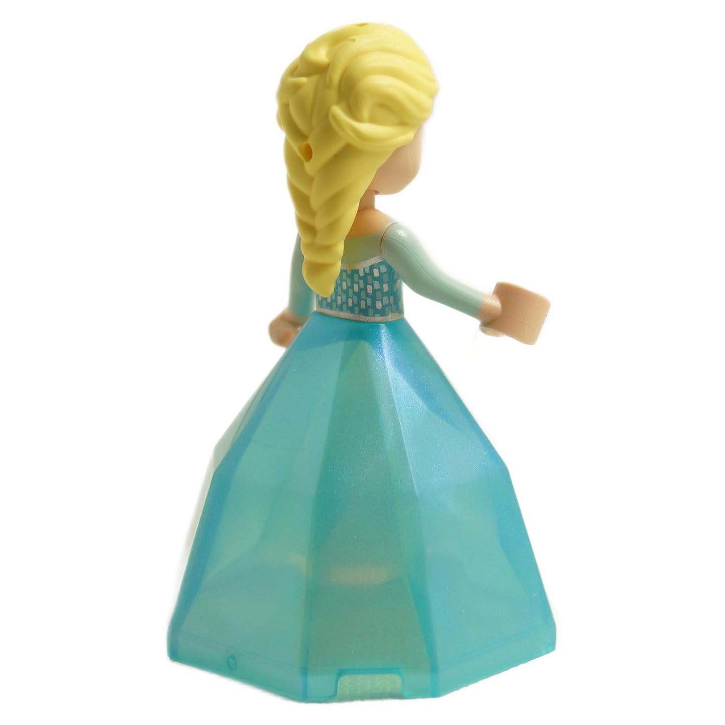 Side view of LEGO® Disney Elsa mini-doll dp143 with blonde braid and sparkling bright blue diamond-style dress container bottom
