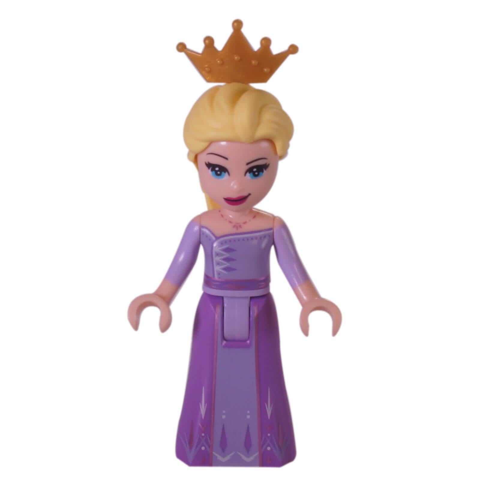 LEGO minifigure of Elsa from the movie Frozen, wearing a lavender and medium lavender dress with a tiara on her head.