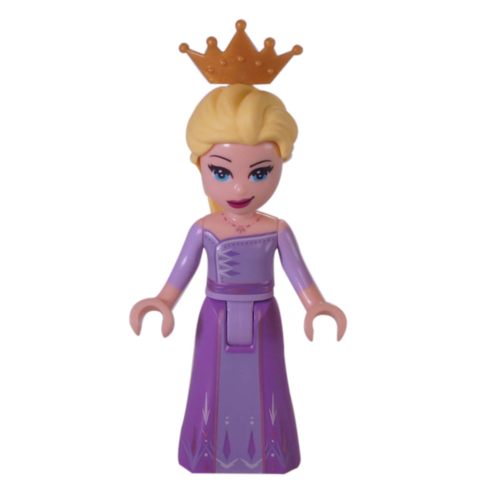 LEGO minifigure of Elsa from the movie Frozen, wearing a lavender and medium lavender dress with a tiara on her head.