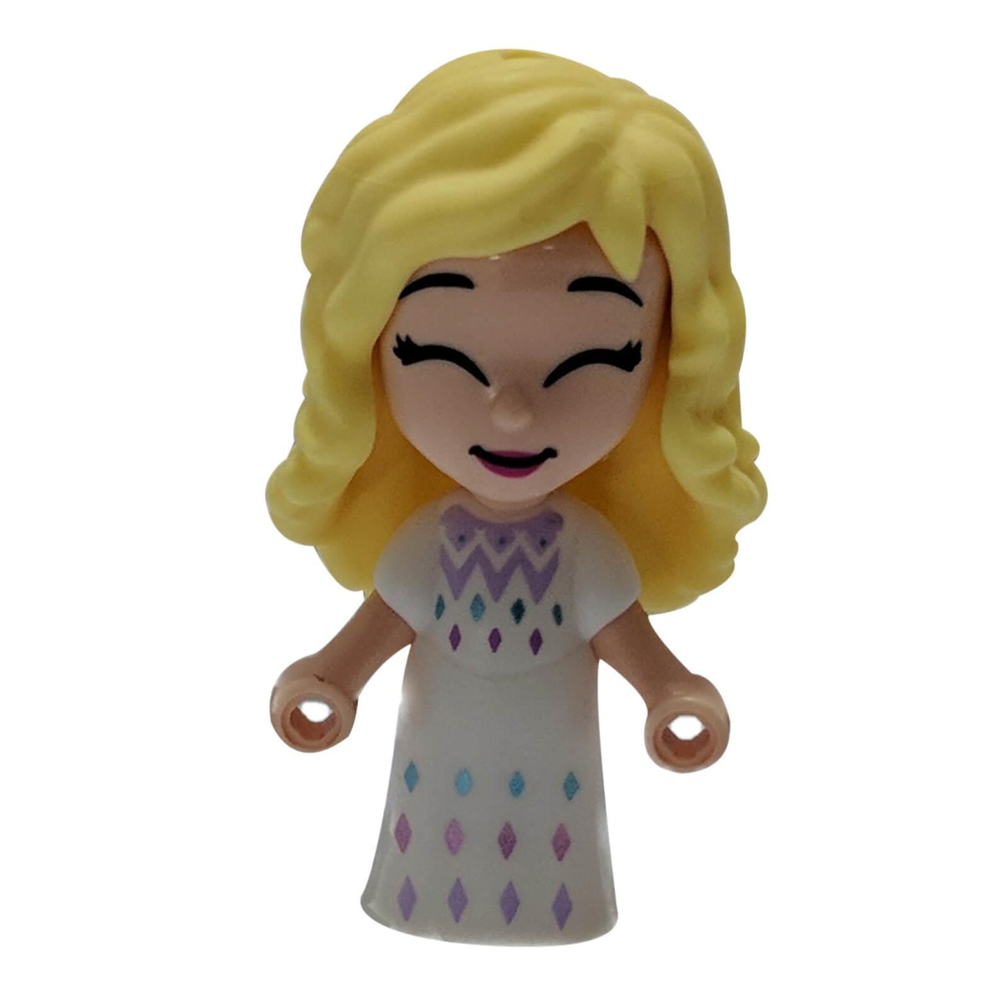 front view of LEGO Elsa micro doll with blonde hair closed smiling eyes wearing white dress with purple and blue pattern
