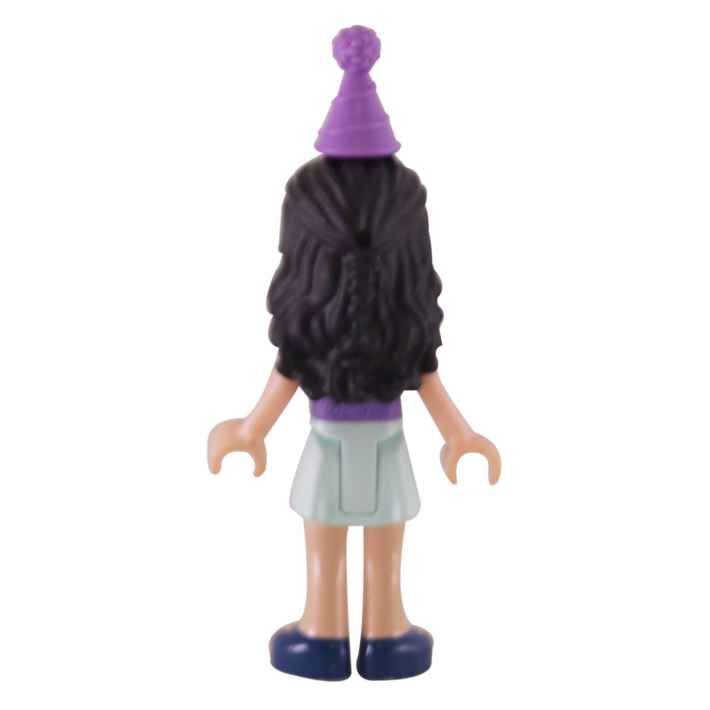LEGO Friends Emma mini doll frnd0245 party hat lavender top skirt, back profile.