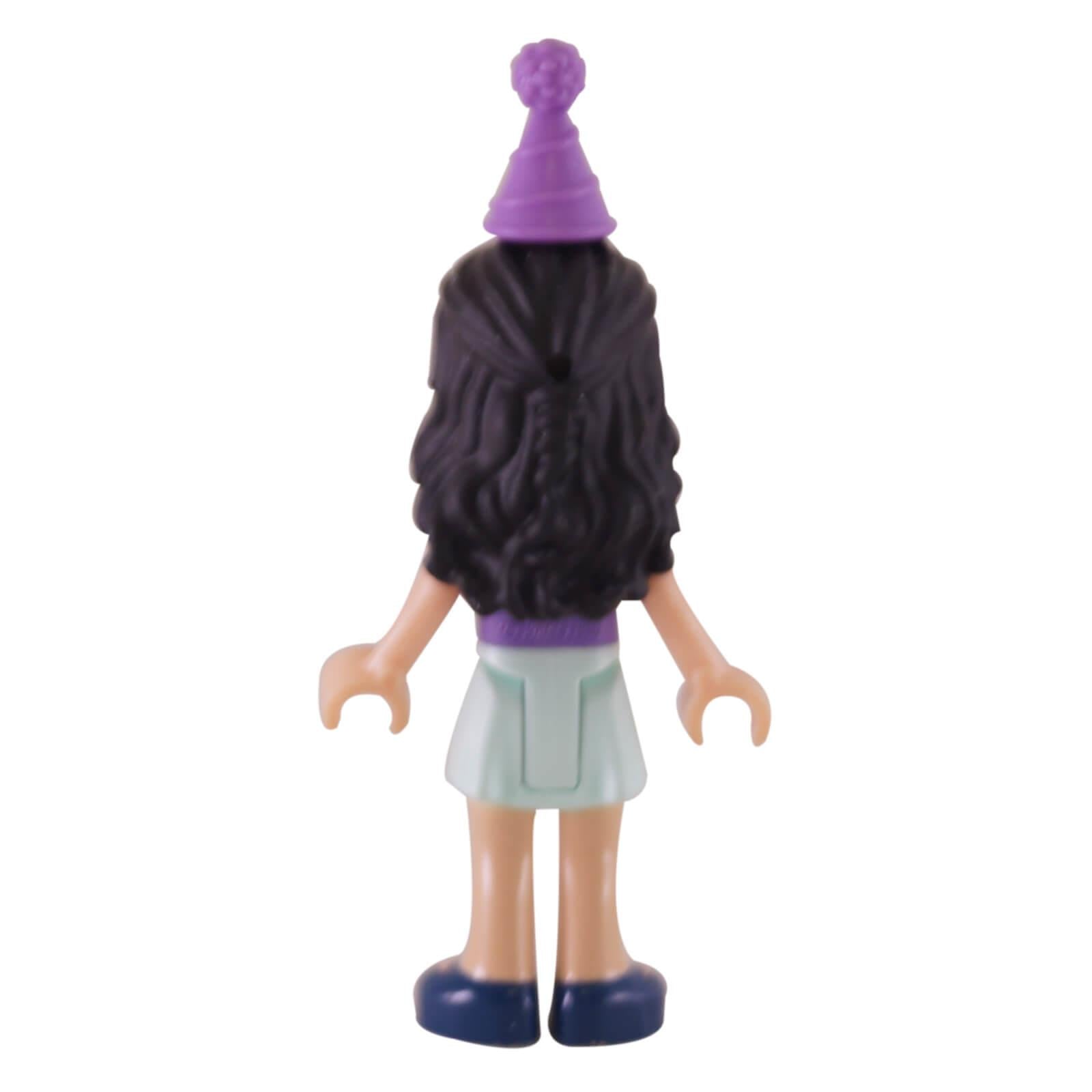LEGO Friends Emma mini doll frnd0245 party hat lavender top skirt, back profile.