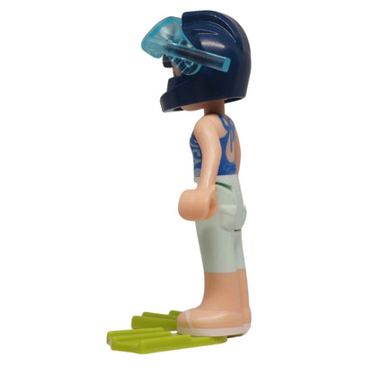 LEGO Friends Emma mini-doll frnd0313 with swimsuit, flippers and goggles. Perfect for beach and water-themed LEGO builds. Side profile.