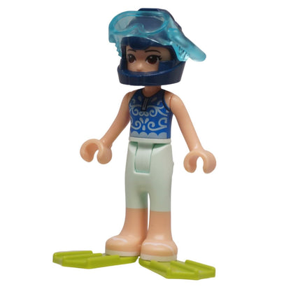 LEGO Friends Emma mini-doll frnd0313 with swimsuit, flippers and goggles. Perfect for beach and water-themed LEGO builds.