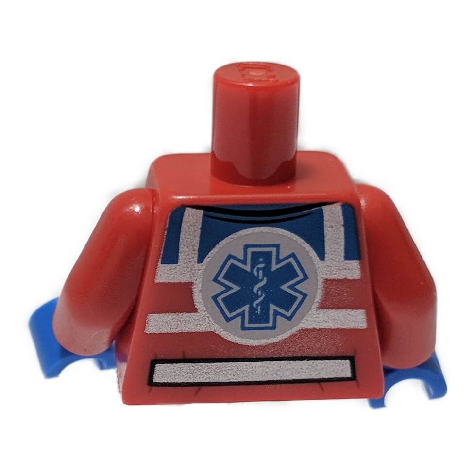 LEGO® EMT torso with safety stripes, medical Star of Life print and blue hands backside