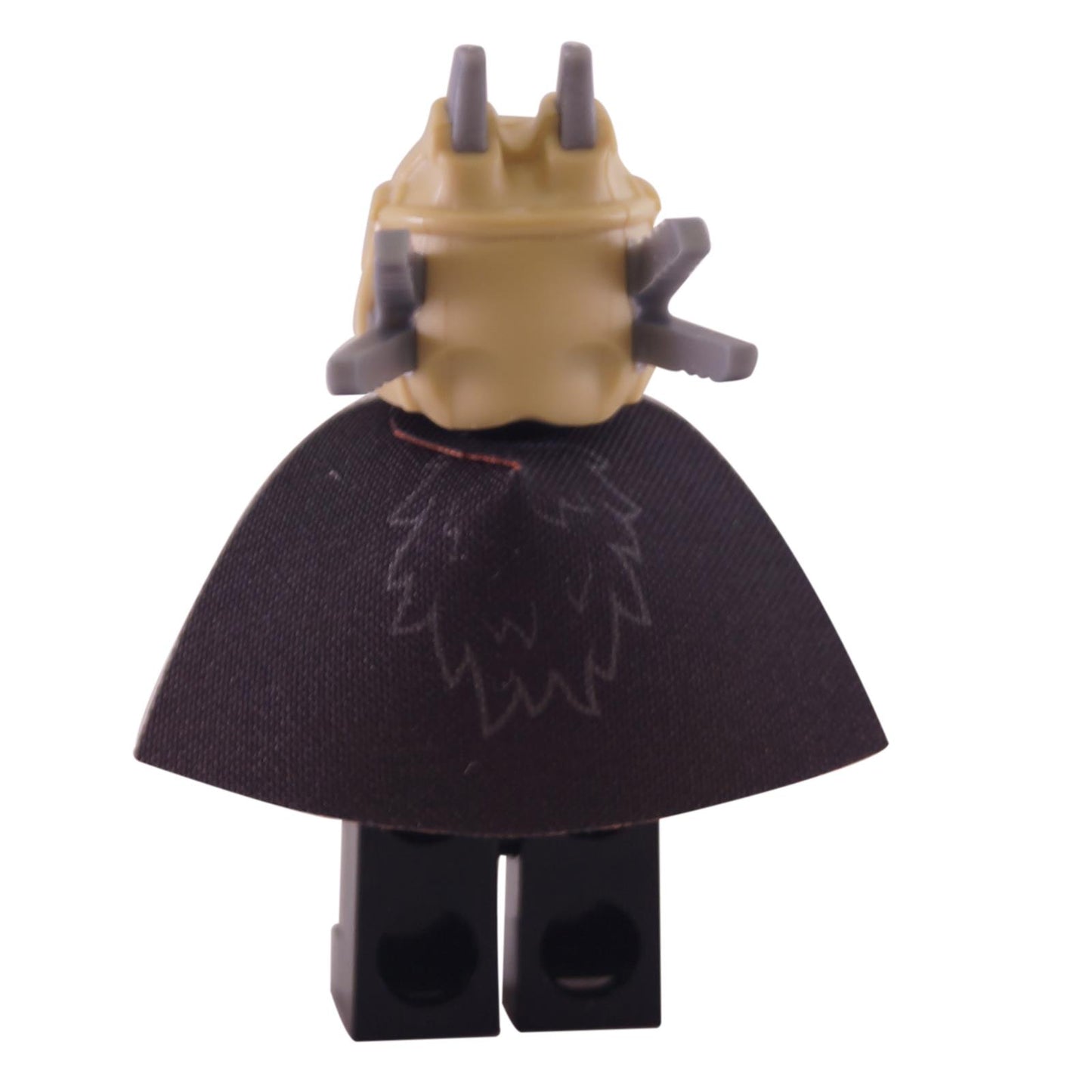 LEGO® Minifigura de Star Wars Enfys Nest (sw0940) vista trasera mostrando los picos del casco beige y la capa marrón oscuro.
