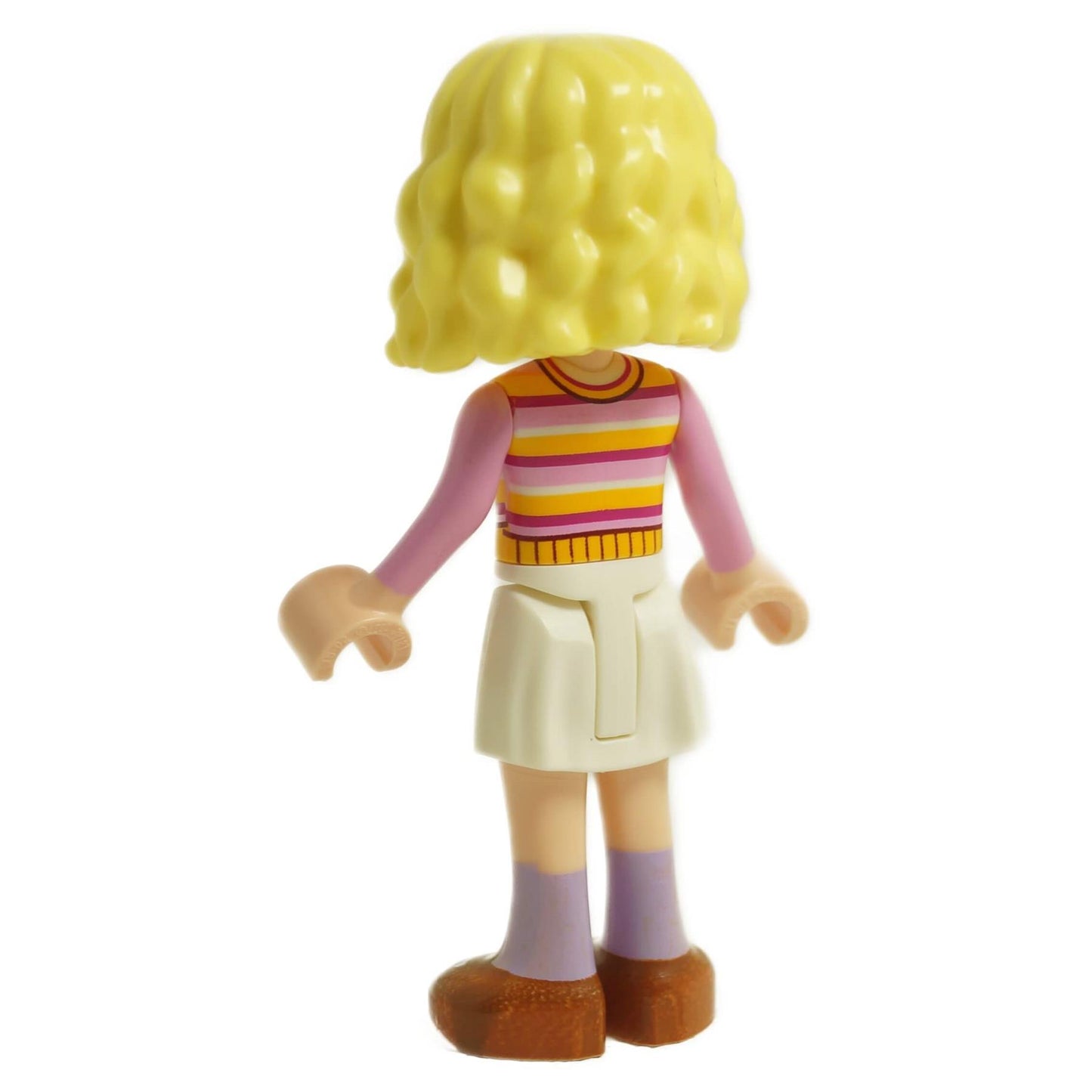 LEGO Enid Sinclair minifigure back view with blonde wavy hair, pink sweater and floral skirt wed003