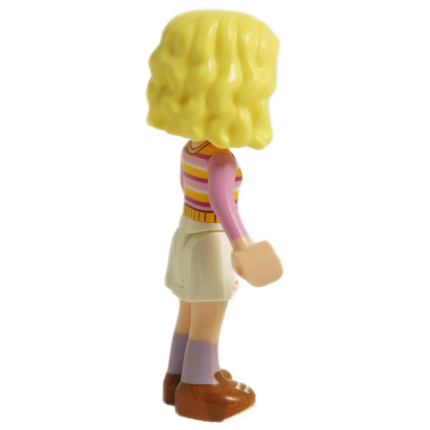 LEGO Enid Sinclair minifigure side view wearing bright pink striped sweater, floral skirt and blonde wavy hair wed003