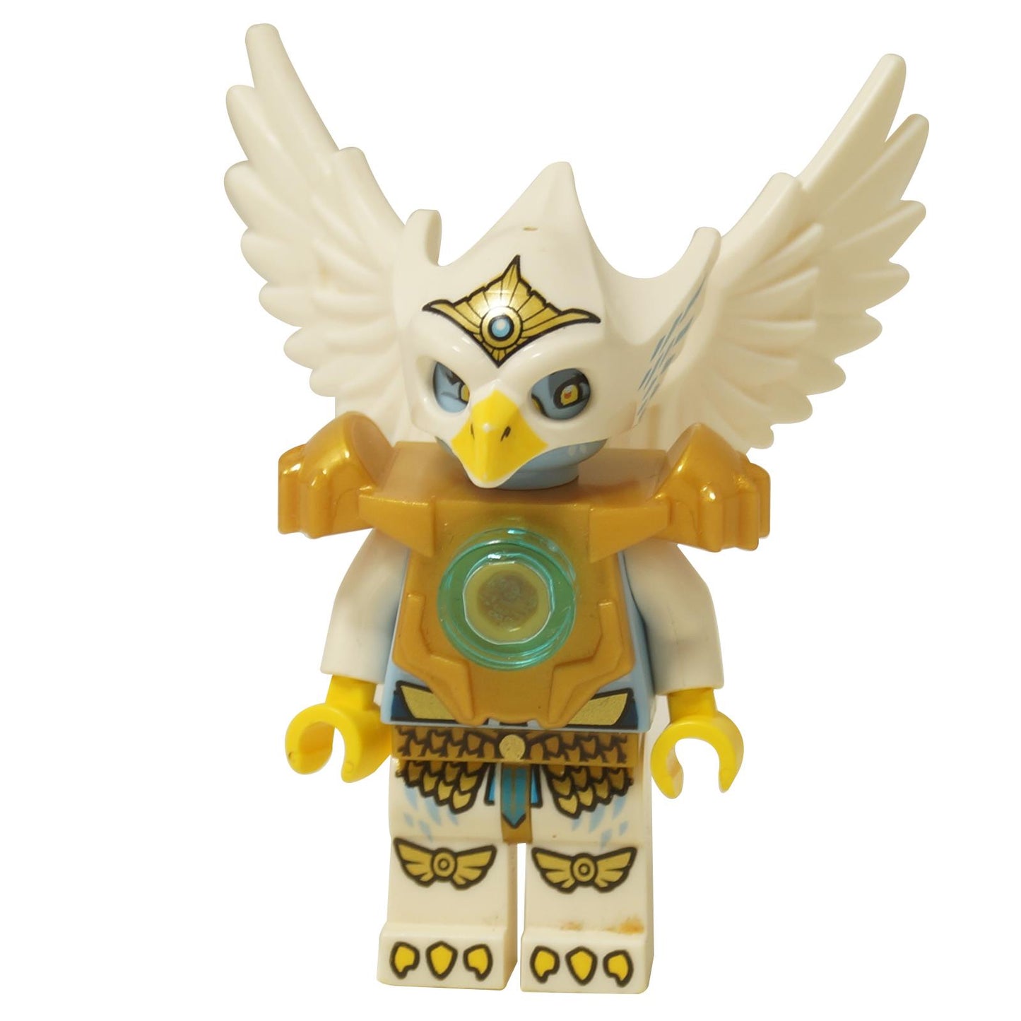  LEGO Legends of Chima Eagle Tribe minifigure, Eris (loc037), wearing pearl gold heavy armor with a CHI orb, and a white winged eagle helmet.