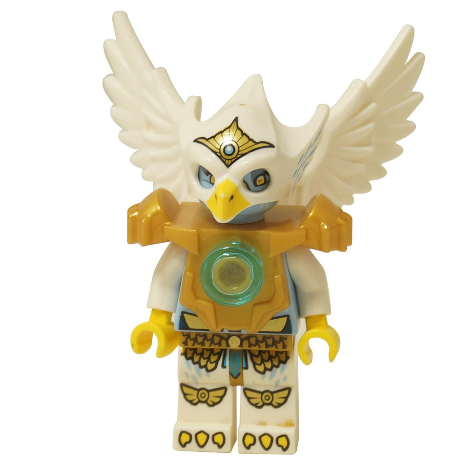  LEGO Legends of Chima Eagle Tribe minifigure, Eris (loc037), wearing pearl gold heavy armor with a CHI orb, and a white winged eagle helmet.