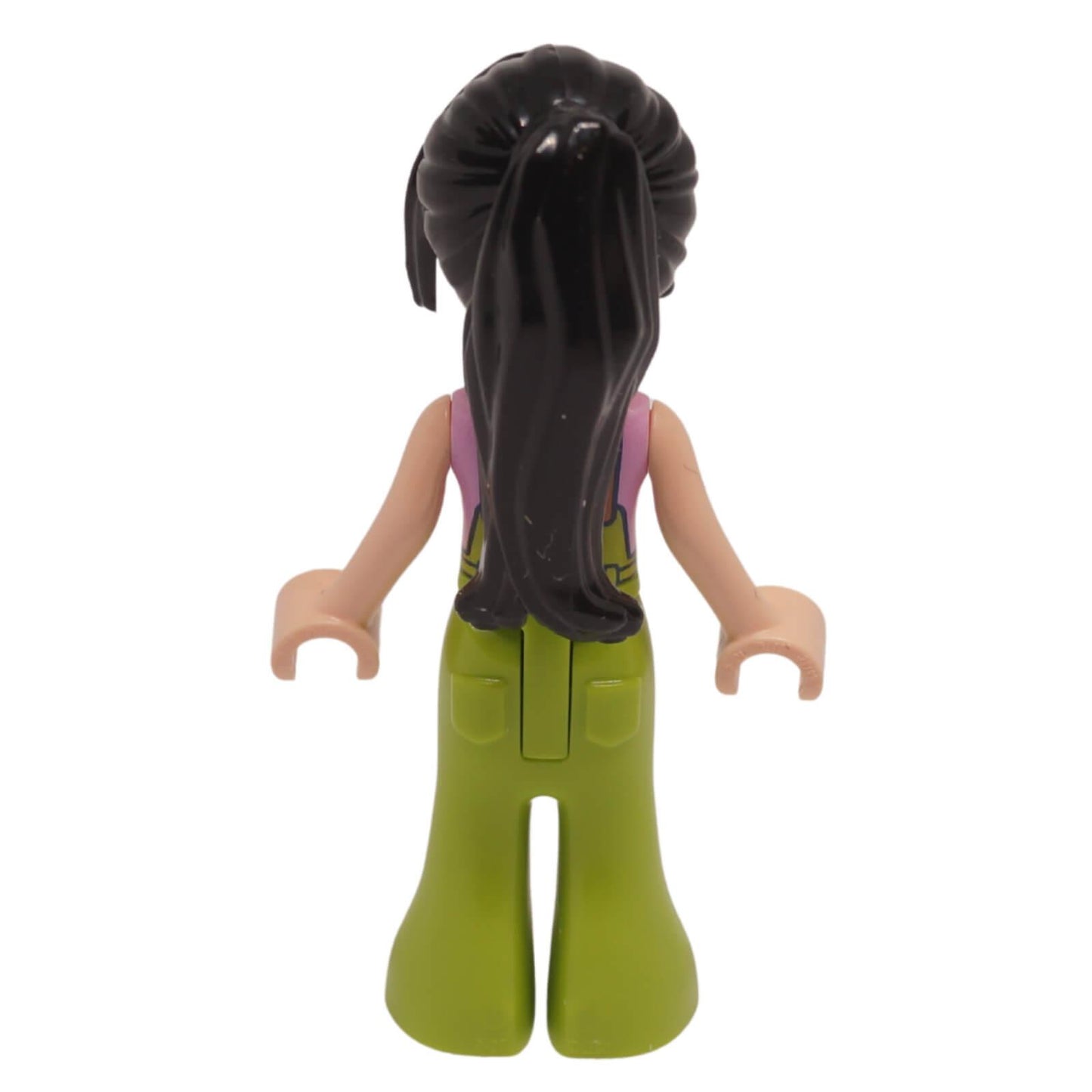 Vista posterior de la mini muñeca de Esma Friends con una larga cola de caballo oscura y un mono verde
