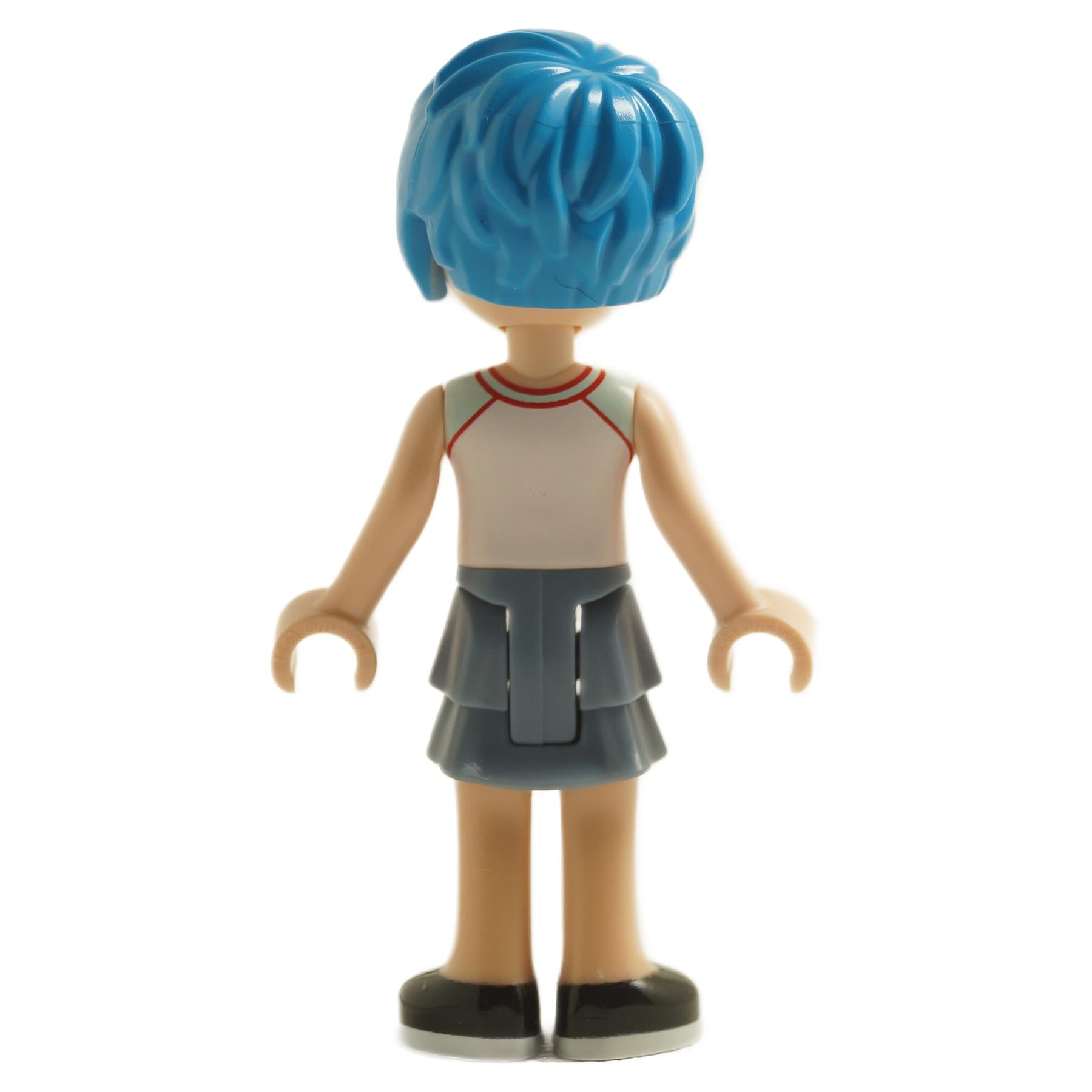 Back view of LEGO® Friends Evelyn mini-doll frnd0492 with bright blue hair, white sleeveless top, and dark skirt
