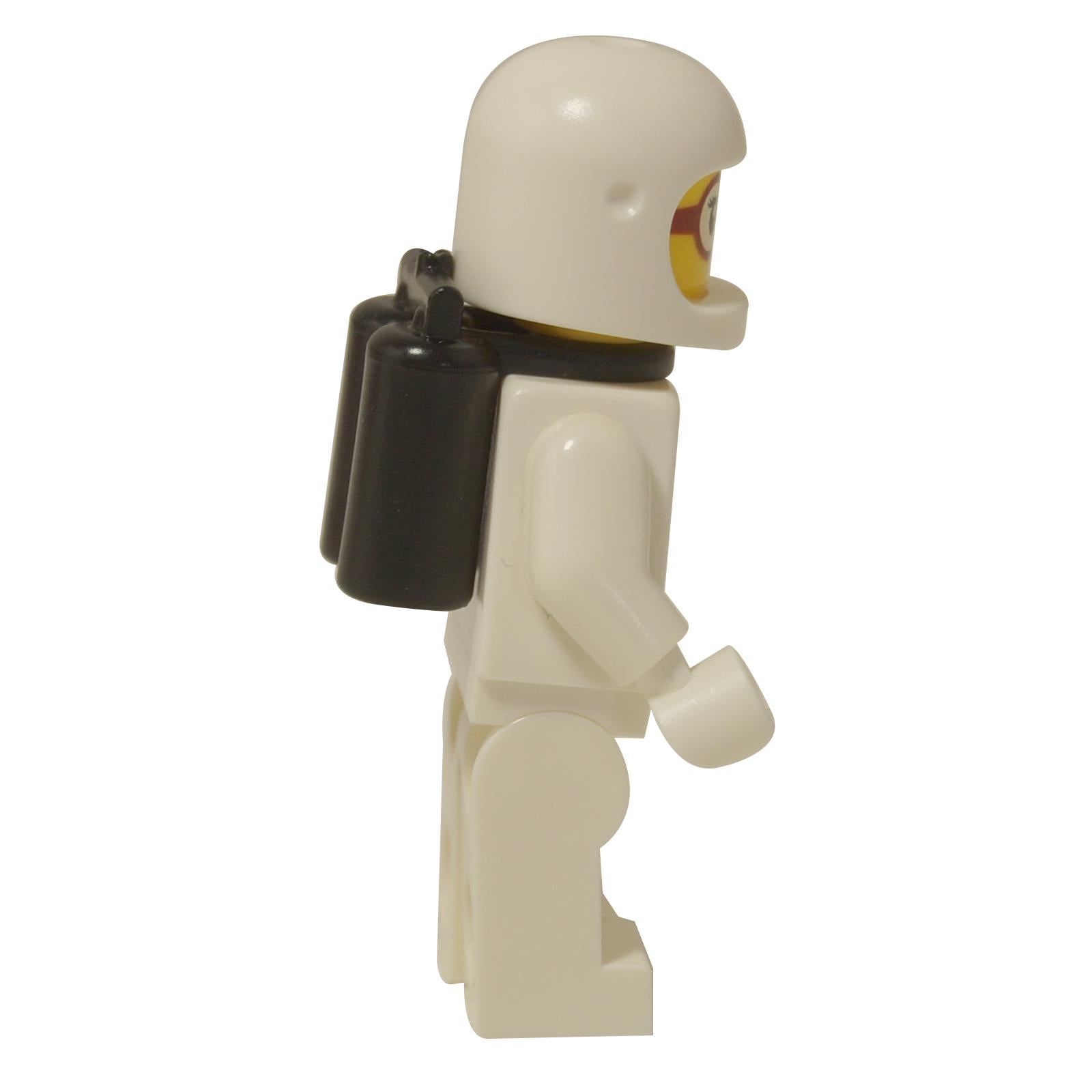 Side view of the LEGO® Classic Space female astronaut minifigure in a white suit, featuring a white helmet, black airtanks, and a head with red glasses.