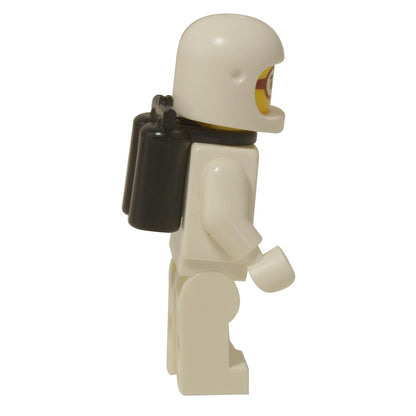Side view of the LEGO® Classic Space female astronaut minifigure in a white suit, featuring a white helmet, black airtanks, and a head with red glasses.