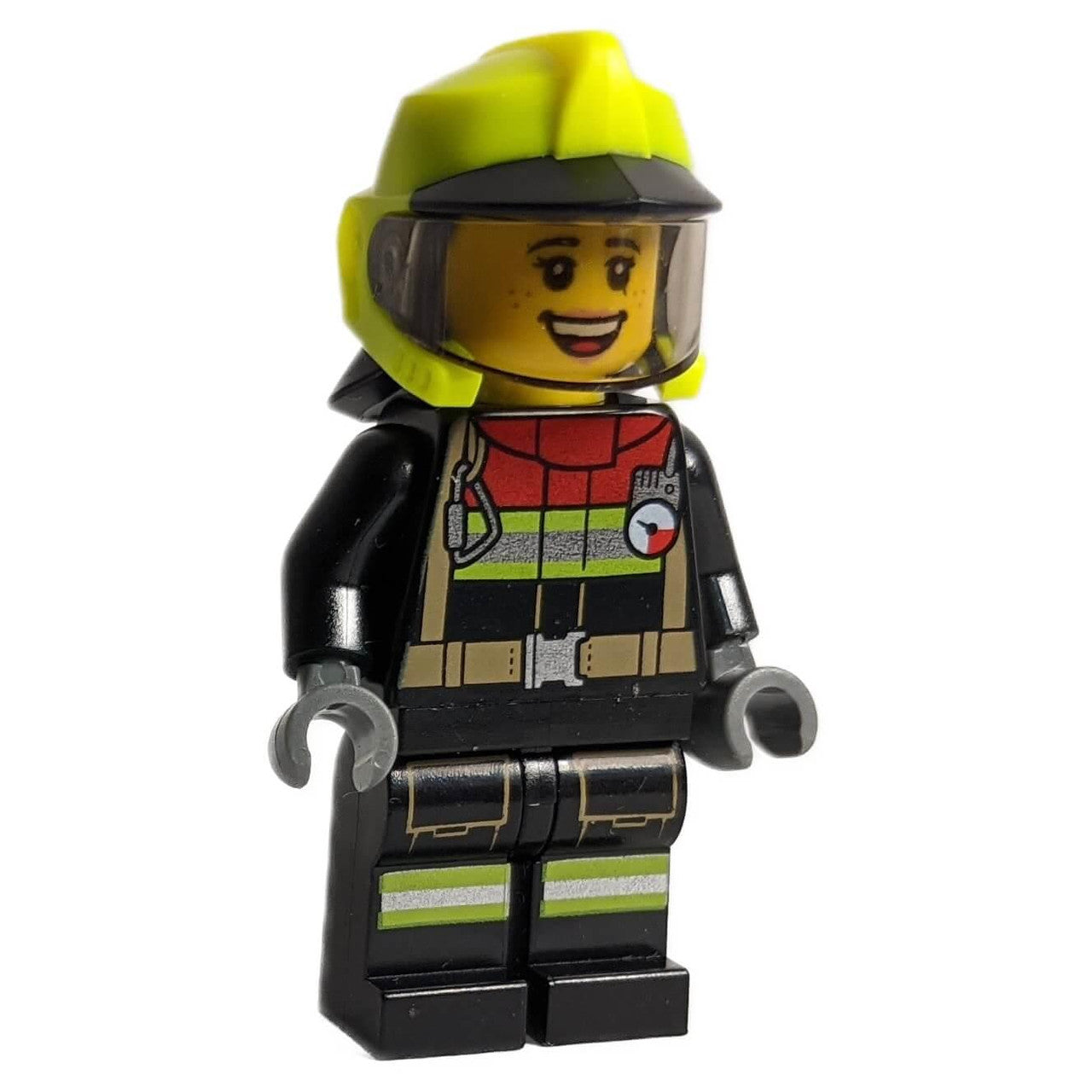 Fire - Female, Black Jacket and Legs with Reflective Stripes and Red Collar, Neon Yellow Fire Helmet