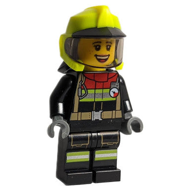 Fire - Female, Black Jacket and Legs with Reflective Stripes and Red Collar, Neon Yellow Fire Helmet