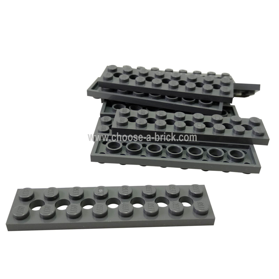 Pile of dark bluish-gray LEGO Technic Plate 2x8 pieces (3738) stacked on a white background.